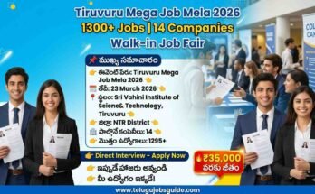 Tiruvuru Job Mela 2026 poster with 1300 plus jobs 14 companies walk-in job fair at Sri Vahini Institute NTR District