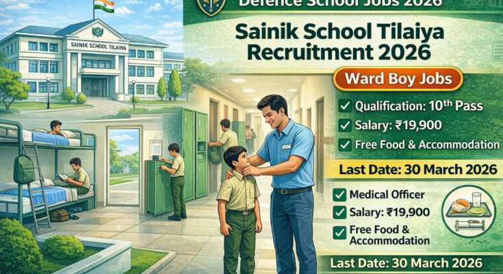 Sainik School Tilaiya Recruitment 2026 Ward Boy jobs poster showing 10th pass qualification, salary ₹19,900 per month with free food and accommodation, last date 30 March 2026