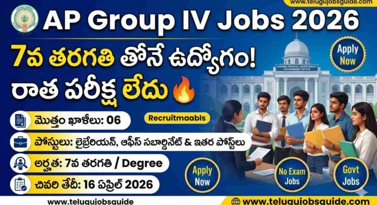 AP Group IV Jobs 2026 featured image showing 7th pass government jobs, no exam recruitment, 6 vacancies with last date 16 April 2026