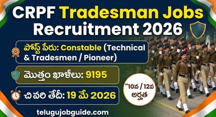 CRPF Tradesman Jobs Recruitment 2026 featured image showing constable posts details with 9195 vacancies and last date 19 May 2026