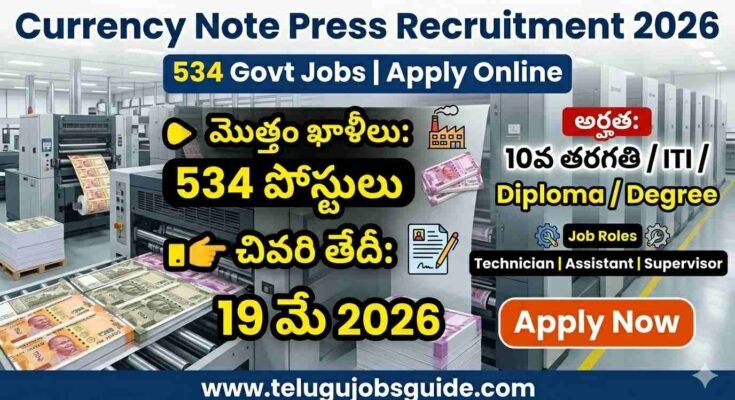 Currency Note Press Recruitment 2026 poster showing 534 government job vacancies with last date 19 May 2026 for 10th, ITI, Diploma and Degree candidates