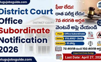 District Court Office Subordinate Notification 2026 image with no exam, no fee jobs, 7th pass eligibility and ₹15600 salary details