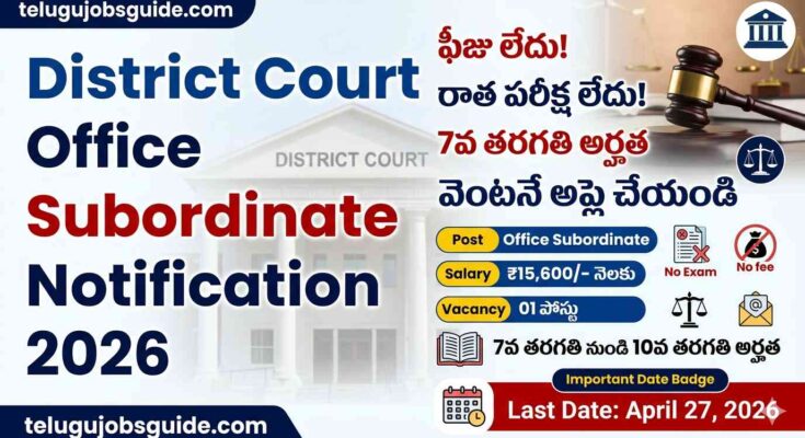 District Court Office Subordinate Notification 2026 image with no exam, no fee jobs, 7th pass eligibility and ₹15600 salary details