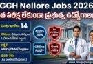 GGH Nellore Jobs 2026 notification banner showing Government General Hospital Nellore building with doctor and nurse, highlighting 14 posts, no written exam, and offline application details.