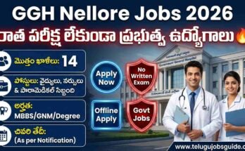 GGH Nellore Jobs 2026 notification banner showing Government General Hospital Nellore building with doctor and nurse, highlighting 14 posts, no written exam, and offline application details.