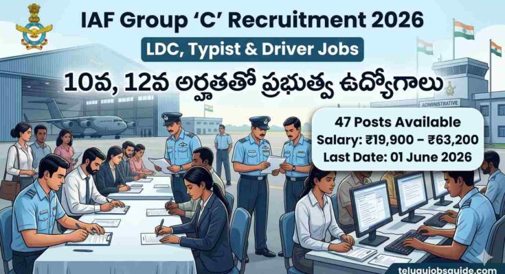 Indian Air Force Group C Recruitment 2026 image showing candidates applying for LDC, Typist and Driver jobs at an Air Force station