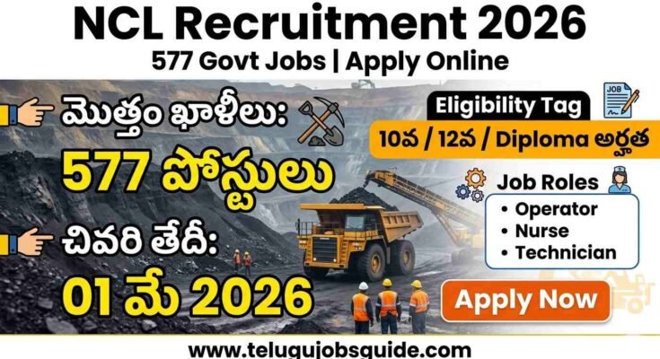 NCL Recruitment 2026 notification image showing 577 government job vacancies with last date 01 May 2026 for 10th, 12th and diploma candidates
