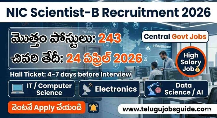 NIC Scientist-B Recruitment 2026 image showing 243 posts, last date 24 April 2026 and hall ticket details with IT, Electronics, Data Science eligibility