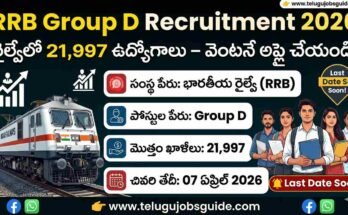 RRB Group D Recruitment 2026 featured image showing 21,997 railway jobs, last date 07 April 2026 with Indian Railways train and job details in Telugu