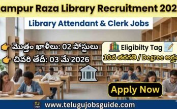 Rampur Raza Library Recruitment 2026 notification image showing Library Attendant and Clerk jobs with 02 vacancies and last date 03 May 2026
