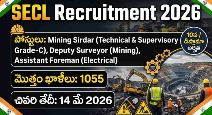 SECL Recruitment 2026 featured image showing 1055 vacancies for Mining Sirdar, Deputy Surveyor and Assistant Foreman with last date 14 May 2026