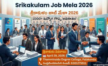 Srikakulam Job Mela 2026 image showing job seekers attending walk-in interviews with recruiters at a degree college campus