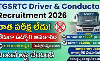 TGSRTC Driver and Conductor Recruitment 2026 notification image with bus, no exam jobs, salary details ₹1000 driver and ₹800 conductor