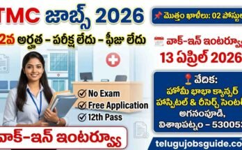 TMC Recruitment 2026 Secretarial Assistant jobs thumbnail showing 12th pass eligibility, no exam, free application, walk-in interview on 13 April 2026 at Homi Bhabha Cancer Hospital Visakhapatnam