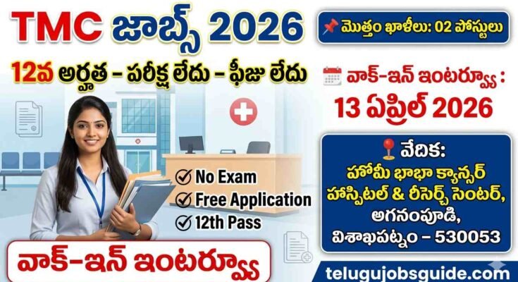 TMC Recruitment 2026 Secretarial Assistant jobs thumbnail showing 12th pass eligibility, no exam, free application, walk-in interview on 13 April 2026 at Homi Bhabha Cancer Hospital Visakhapatnam
