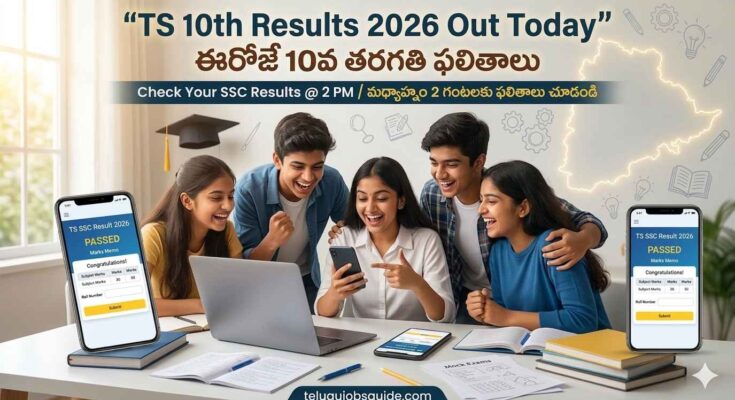 TS 10th Results 2026 out today image showing students खुशीగా మొబైల్‌లో SSC ఫలితాలు చెక్ చేస్తున్న దృశ్యం