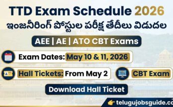 TTD Exam Schedule 2026 image showing AEE AE ATO CBT exam dates May 10 and 11, hall tickets from May 2, download hall ticket details
