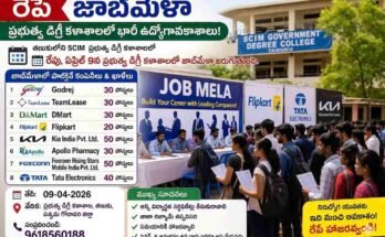 Students and job seekers attending Tanuku Job Mela 2026 at SCIM Government Degree College with company stalls like Flipkart, Tata Electronics, and Kia India offering walk-in interviews.