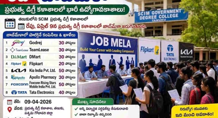 Students and job seekers attending Tanuku Job Mela 2026 at SCIM Government Degree College with company stalls like Flipkart, Tata Electronics, and Kia India offering walk-in interviews.