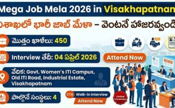 Mega Job Mela in Visakhapatnam 2026 featured image showing 450 vacancies, interview date 04 April 2026, venue Govt Women’s ITI Campus with walk-in interview details