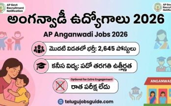 AP Anganwadi Jobs 2026 poster showing 2,645 posts in first phase, 10th pass qualification, no exam, with mother-child and anganwadi center illustrations.