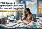 APPSC Group-2 Preparation Guide 2026 featured image showing a female aspirant studying with books, mock tests, current affairs newspaper, Andhra Pradesh map, and study timetable for competitive exam preparation.