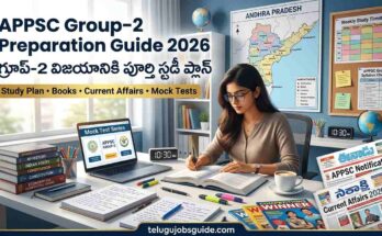 APPSC Group-2 Preparation Guide 2026 featured image showing a female aspirant studying with books, mock tests, current affairs newspaper, Andhra Pradesh map, and study timetable for competitive exam preparation.