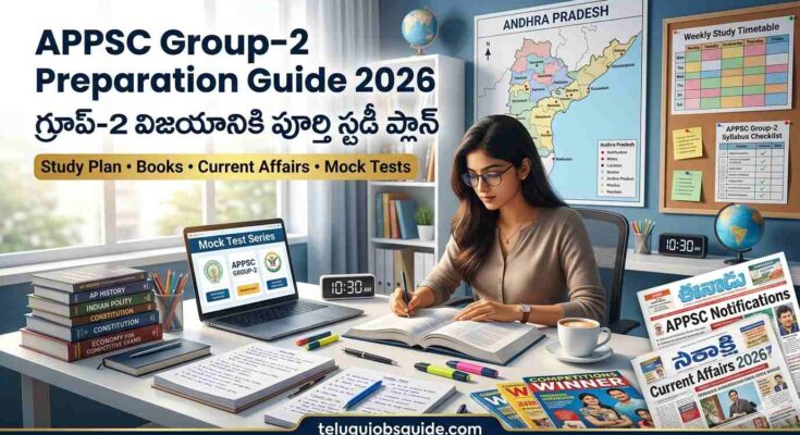 APPSC Group-2 Preparation Guide 2026 featured image showing a female aspirant studying with books, mock tests, current affairs newspaper, Andhra Pradesh map, and study timetable for competitive exam preparation.