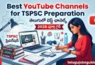 Best YouTube Channels for TSPSC Preparation featured image showing a Telugu student studying online with laptop, TSPSC books, YouTube icons, and Telangana map along with Telugu text and website telugujobsguide.com.