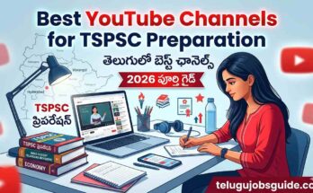 Best YouTube Channels for TSPSC Preparation featured image showing a Telugu student studying online with laptop, TSPSC books, YouTube icons, and Telangana map along with Telugu text and website telugujobsguide.com.