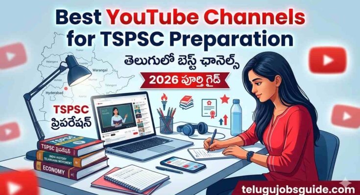 Best YouTube Channels for TSPSC Preparation featured image showing a Telugu student studying online with laptop, TSPSC books, YouTube icons, and Telangana map along with Telugu text and website telugujobsguide.com.
