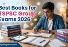 Student preparing for TSPSC Group exams 2026 with study books, notes, and Telangana-themed educational setup featuring Best Books for TSPSC Group Exams 2026 and telugujobsguide.com branding.