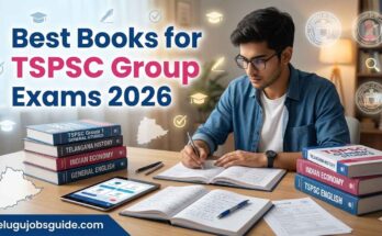 Student preparing for TSPSC Group exams 2026 with study books, notes, and Telangana-themed educational setup featuring Best Books for TSPSC Group Exams 2026 and telugujobsguide.com branding.