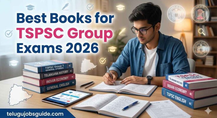 Student preparing for TSPSC Group exams 2026 with study books, notes, and Telangana-themed educational setup featuring Best Books for TSPSC Group Exams 2026 and telugujobsguide.com branding.