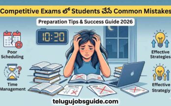 Illustration of a stressed student preparing for competitive exams with books, mock tests, study materials, and time management icons, highlighting common mistakes students make in competitive exams. Featured image for telugujobsguide.com.