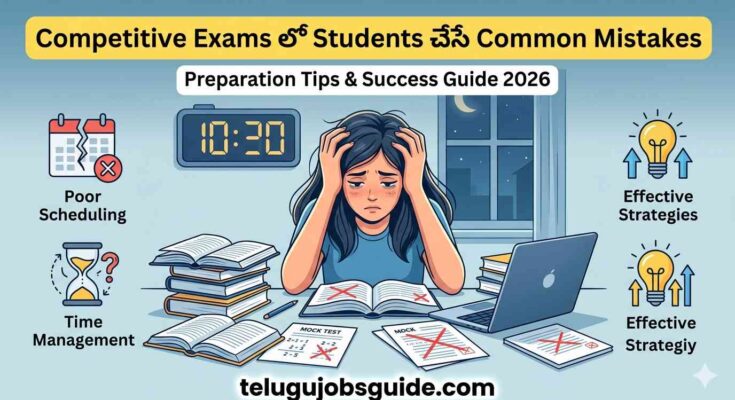 Illustration of a stressed student preparing for competitive exams with books, mock tests, study materials, and time management icons, highlighting common mistakes students make in competitive exams. Featured image for telugujobsguide.com.