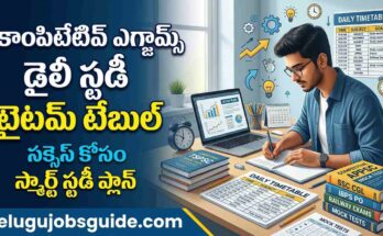 Competitive exams daily study timetable Telugu featured image showing a student studying with books, laptop, mock tests, TSPSC and SSC exam preparation materials, along with Telugu text about study timetable and smart study plan.