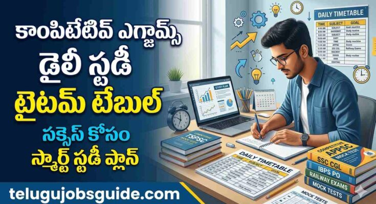 Competitive exams daily study timetable Telugu featured image showing a student studying with books, laptop, mock tests, TSPSC and SSC exam preparation materials, along with Telugu text about study timetable and smart study plan.