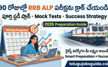 How to Crack RRB ALP Exam in 90 Days in Telugu featured image showing a student preparing for the Railway ALP exam with a 90-day study plan calendar, books, laptop, Indian train, and motivational preparation strategy tips for 2026.