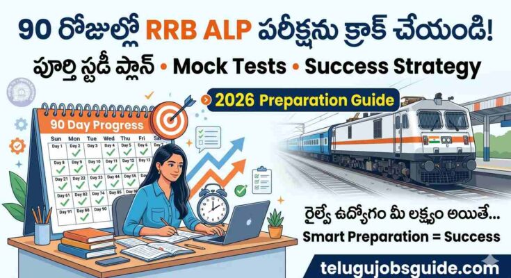 How to Crack RRB ALP Exam in 90 Days in Telugu featured image showing a student preparing for the Railway ALP exam with a 90-day study plan calendar, books, laptop, Indian train, and motivational preparation strategy tips for 2026.