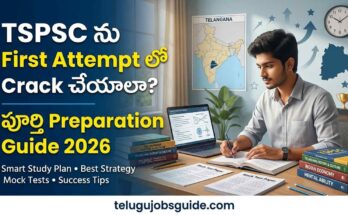 TSPSC preparation featured image showing a student studying for Telangana government exams with books, laptop, Telangana map, and Telugu text about cracking TSPSC in first attempt.