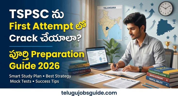 TSPSC preparation featured image showing a student studying for Telangana government exams with books, laptop, Telangana map, and Telugu text about cracking TSPSC in first attempt.