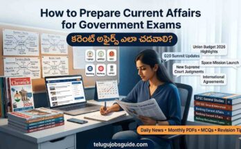 How to Prepare Current Affairs for Government Exams featured image showing a female aspirant reading newspapers, making notes, studying monthly current affairs PDFs, and preparing for TSPSC, APPSC, SSC, Banking, Railway, and UPSC exams.