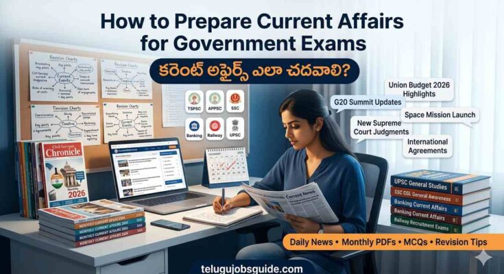 How to Prepare Current Affairs for Government Exams featured image showing a female aspirant reading newspapers, making notes, studying monthly current affairs PDFs, and preparing for TSPSC, APPSC, SSC, Banking, Railway, and UPSC exams.