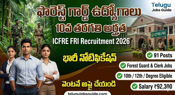 ICFRE FRI Recruitment 2026 featured image showing Forest Guard jobs, forest officers, FRI institute building, eligibility details and salary ₹92,300.
