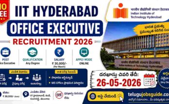 IIT Hyderabad Office Executive Recruitment 2026 featured image with no fee notification, Any Degree eligibility, ₹30,000 salary, and last date 26-05-2026 details in Telugu and English.