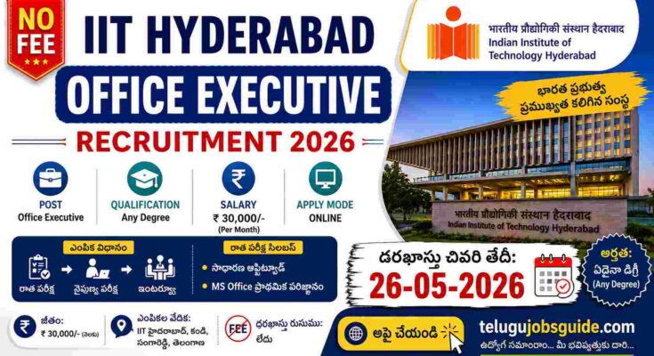 IIT Hyderabad Office Executive Recruitment 2026 featured image with no fee notification, Any Degree eligibility, ₹30,000 salary, and last date 26-05-2026 details in Telugu and English.