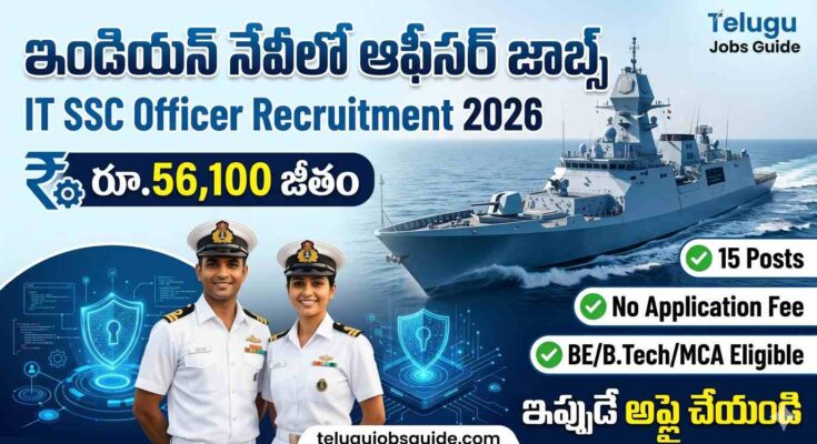 Indian Navy SSC Officer Recruitment 2026 featured image showing Navy officers, warship, IT SSC Officer jobs details, salary ₹56,100 and eligibility information.