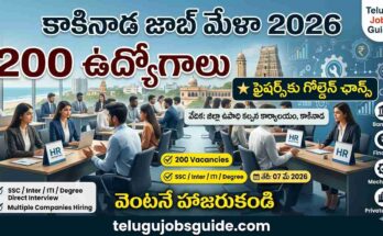 Kakinada Job Mela 2026 featured image showing 200 job vacancies, direct interviews, HR recruiters, and eligibility for SSC, Inter, ITI and Degree candidates.