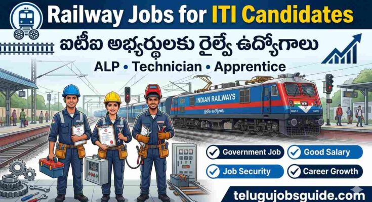 Railway Jobs for ITI Candidates featured image showing Indian Railways locomotive, ITI-qualified candidates in technical uniforms holding certificates and toolkits, with Telugu text "ఐటీఐ అభ్యర్థులకు రైల్వే ఉద్యోగాలు" and career benefits including Government Job, Good Salary, Job Security, and Career Growth.